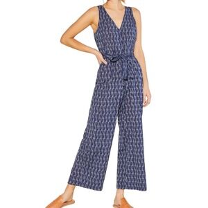 OUTERKNOWN Weekender Blue Ikat Print Wide Leg Jumpsuit Belted Medium Cotton